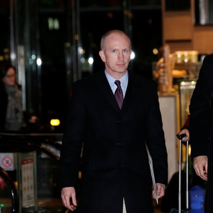 Deputy US Trade Representative Jeffrey Gerrish, left, a key member of the US trade delegation to China, arriving at a hotel in Beijing on Sunday. Photo: Reuters