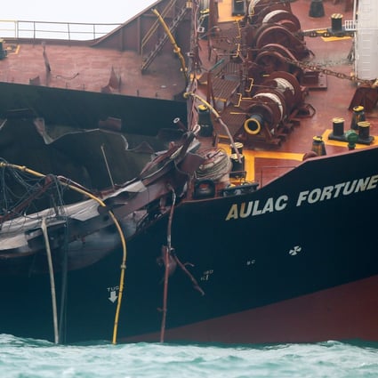 The oil and chemical tanker Aulac Fortune caught fire about one nautical mile south of Lamma Island in Hong Kong on Tuesday. Photo: Sam Tsang