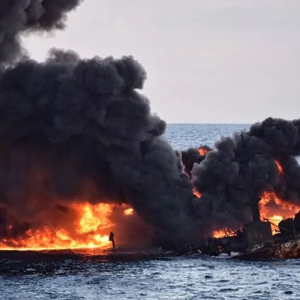 The Iranian oil tanker, Sanchi, in flames in the East China Sea in January 2018. Photo: AFP