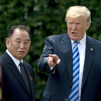 US President Donald Trump, right, talks with Kim Yong-chol, left, the former North Korean military intelligence chief and one of leader Kim Jong-un's closest aides, in June at the White House. Photo: AP