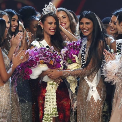 The new Miss Universe 2018 Catriona Gray (C) from Philippines is congratulated by second runner-up Miss Venezuela Sthefany Gutierrez (R) and other contestants during the Miss Universe 2018 at Impact Arena in Bangkok, Thailand – but social media in the Philippines erupted in controversy over how ‘authentic’ her ethnic background was in representing her country. Photo: EPA