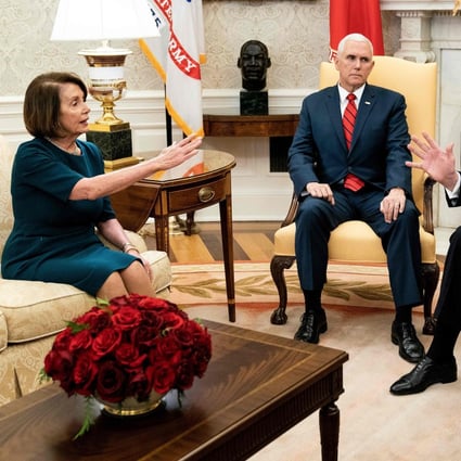 During this December 11 meeting at the White House, from left, Representative Nancy Pelosi, US Vice-President Mike Pence, US President Donald Trump and Senator Charles Schumer debated funding for a border wall and Trump’s vow to shut the government down if it wasn’t provided. Photo: AFP