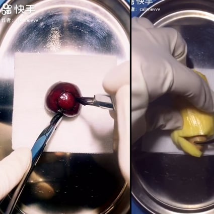 Wang Yexiao performs surgery on fruit in his videos. He has gained more than 100,000 followers on Kuaishou. Photo: Handout