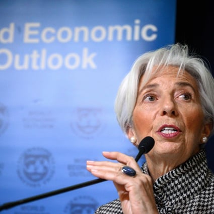 Christine Lagarde, managing director of the International Monetary Fund, presents the IMF World Economic Outlook ahead of the World Economic Forum annual meeting on Monday in Davos, Switzerland. Photo: AFP