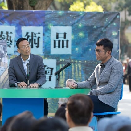 Francis Ng (left) plays a family man whose life is seriously affected by a billboard erected by a new neighbour (Louis Koo, right) in the film A Home with a View (category IIA; Cantonese), directed by Herman Yau. Anita Yuen co-stars.