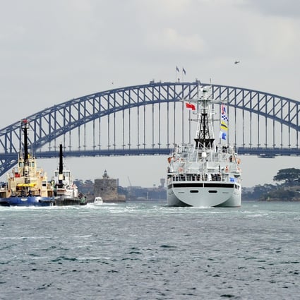 The PLA Navy training ship Zhenghe arrives in Sydney Harbour, Australia. Photo: AFP
