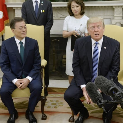 President Donald Trump meets with South Korean President Moon Jae-in. Photo: Tribune News Service