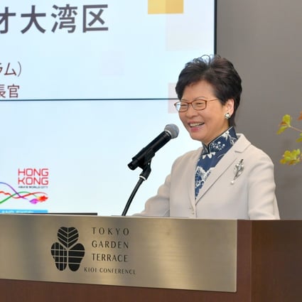 Hong Kong’s Chief Executive, Carrie Lam Cheng Yuet-ngor, makes a speech at a forum in Japan last November on financial cooperation between the Guangdong-Hong Kong-Macau Greater Bay Area and Japanese enterprises. Photo: ISD