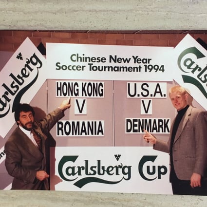 Peter Schmeichel (right) at the 1994 Carlsberg Cup draw with one of the chief organisers Derek Currie. Photo: Derek Currie