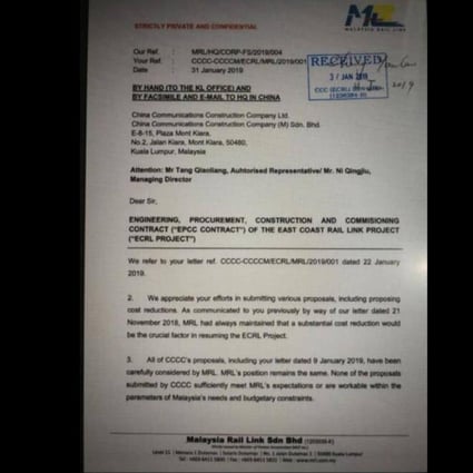 A screenshot of a letter, posted on the Facebook page of former premier Najib Razak, appears to indicate the Malaysian government had come to a final decision to cancel the ECRL project.