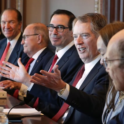 US Trade Representative Robert Lighthizer (fifth from left) opened the high-level talks with a joke about officials being cropped out of official pictures. Photo: AFP