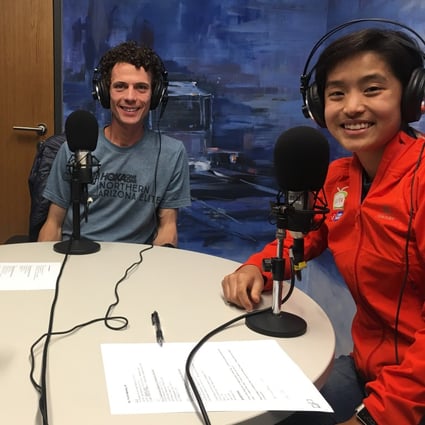 Adventure Trail podcast hosts Mark Agnew and Mary Hui with ultrarunner Jim Walmsley (centre). Photo: Jarrod Watt