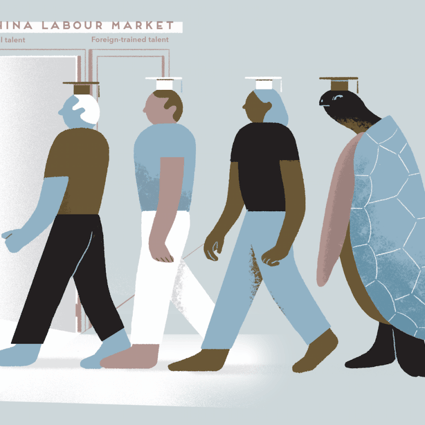 Haigui is the Chinese term to describe people who return to China having studied abroad. It sounds like the Chinese word for sea turtle, but is also used to represent the fact that these returnees often travel great distances to come home, just like migratory sea turtles. Illustration: Kaliz Lee