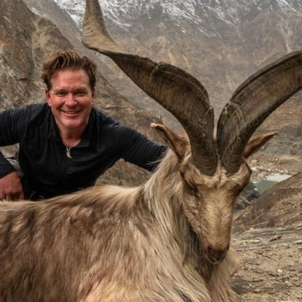 A hunter identified as Bryan Kinsel Harlan poses with his kill, a rare wild Astore markhor, in Pakistan. Photo: Supplied