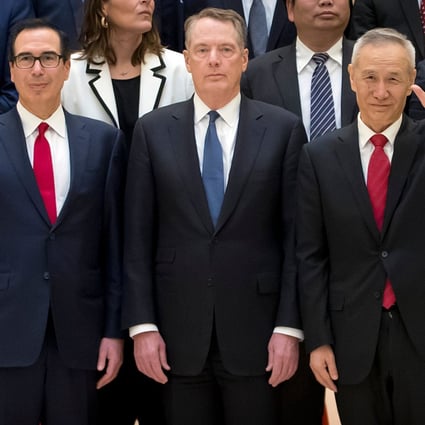 Chinese Vice-Premier Liu He (right) waves alongside US Treasury Secretary Steven Mnuchin (left) and Trade Representative Robert Lighthizer in Beijing on Friday. Photo: AFP