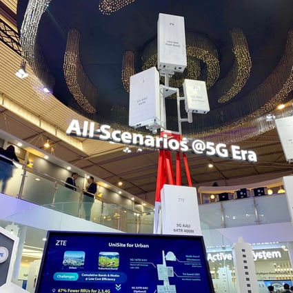 Telecommunications equipment maker ZTE Corp displays its range of 5G mobile base stations inside its booth at MWC Barcelona. Photo: Bien Perez