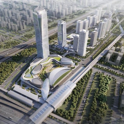 An artist’s impression of Sun Hung Kai Properties’ integrated commercial complex adjoining Qingsheng station on the high-speed railway in Guangzhou’s Nansha district. Photo: Handout