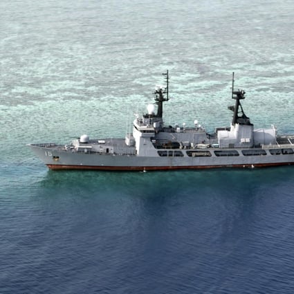 The Philippine Navy ship BRP Gregorio del Pilar, after running aground near Half Moon Shoal, in the South China Sea. Photo: AP