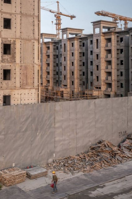 Workers leave a site in Beijing where residential buildings being developed by China Evergrande Group are still under construction, on July 29. Photo: Bloomberg