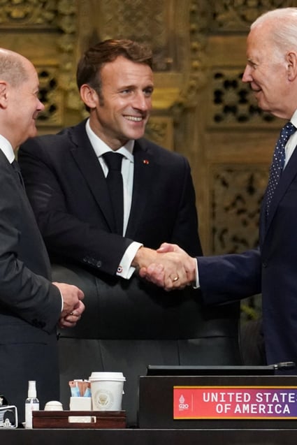 German Chancellor Olaf Scholz (left) and French President Emmanuel Macron (centre) greet US President Joe Biden during the first working session of the Group of 20 leaders’ summit in Bali, Indonesia, on November 15, 2022. Macron has been a proponent of greater European strategic independence from the United States. Photo: Reuters