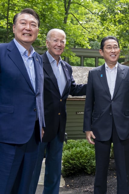 US President Joe Biden, South Korea’s Yoon Suk-yeol, and Japan’s Fumio Kishida at Camp David in the US last month. Photo: AP