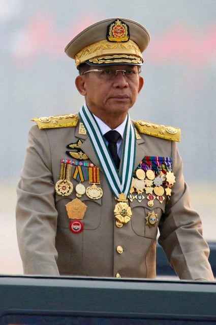 Myanmar’s junta leader General Min Aung Hlaing at an army parade in 2021. Two of his confidantes have been purged for corruption. Photo: Reuters