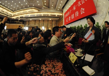 Reporters interview Lin Wenyi of the Taiwan Democratic Self-Government League, made up of people originally from Taiwan. Photo: Xinhua