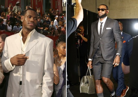LeBron James in an ill-fitting baggy suit in 2003 (above, left) and in Thom Browne in 2018 as he arrives for the Cleveland Cavaliers’ first game in the NBA Finals. Photos: Chris Polk/FilmMagic and Lachlan Cunningham/Getty Images