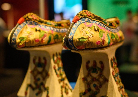 A pair of Chinese platform shoes dating from the Guangxu period (1875-1908) on display at the Hong Kong Palace Museum in the West Kowloon Cultural District.