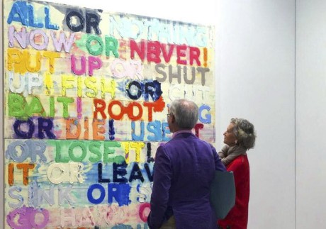 Visitors to Art Basel Hong Kong in 2015 contemplate American conceptual artist Mel Bochner’s “All or nothing”. Text-based art challenges our perceptions of what art is, and our understanding of the meaning of words. Photo: Facebook@Art Basel