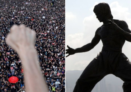Protesters march in Hong Kong against an extradition bill. A number have been channelling the spirit of Bruce Lee, whose statue is seen in Tsim Sha Tsui. Photos: AFP/Sam Tsang