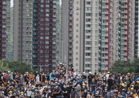 Extradition bill protesters at a mass rally in Yuen Long on July 27. Recent protests are one of the factors contributing to Hong Kong’s stagnant economy. Photo: EPA