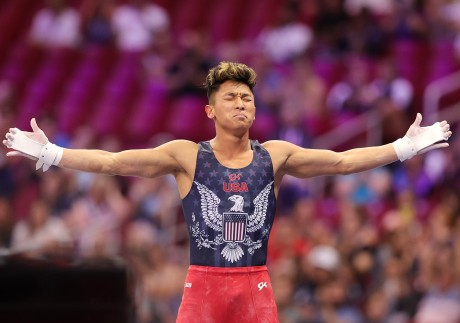 Yul Moldauer reacts after competing on the high bar at the Olympic trials in St. Louis. Photo: Getty Images/AFP