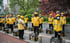 Food delivery couriers for Meituan during a morning briefing in Beijing in April. Photo: Bloomberg
