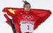 Chinese freestyle skier Eileen Gu celebrates after taking silver in the women’s slopestyle event at the Beijing 2022 Winter Olympics. Photo: Kyodo