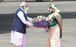 Indian Prime Minister Narendra Modi receives a bouquet of flowers from Bangladeshi Prime Minister Sheikh Hasina in Dhaka on March 26. Photo: AP